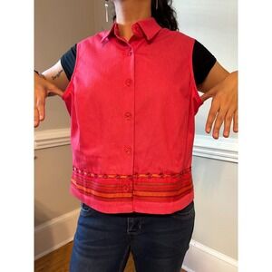 Vintage Fairycore Embroidered Boho Cottagecore Fuchsia Denim Vest Medium Large